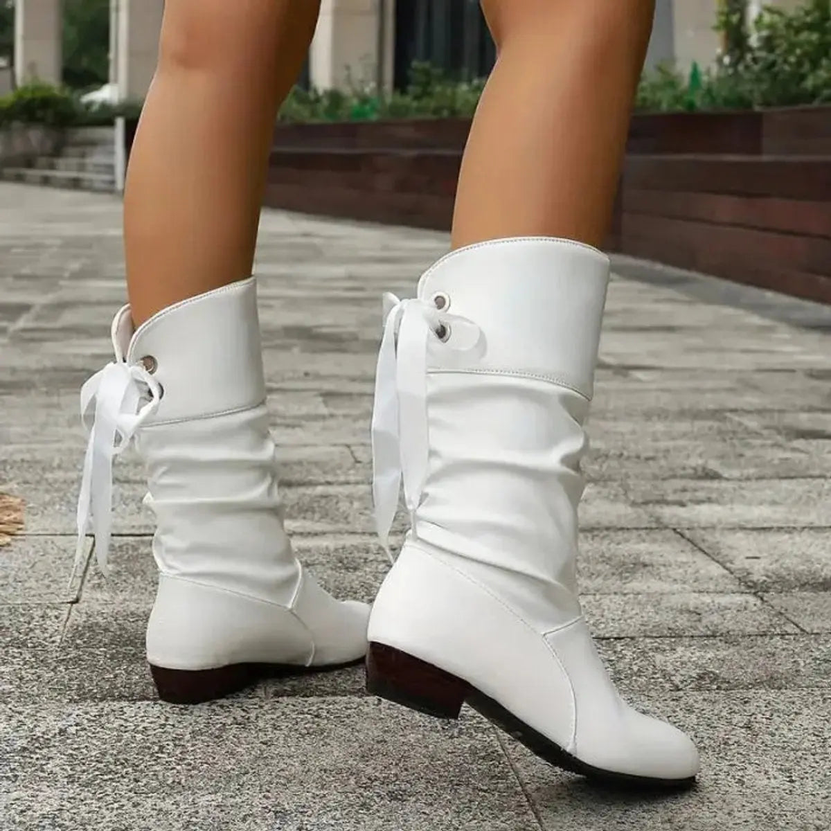 Women's Lace-Up Ruched Faux Leather Mid-Calf Ankle Boots