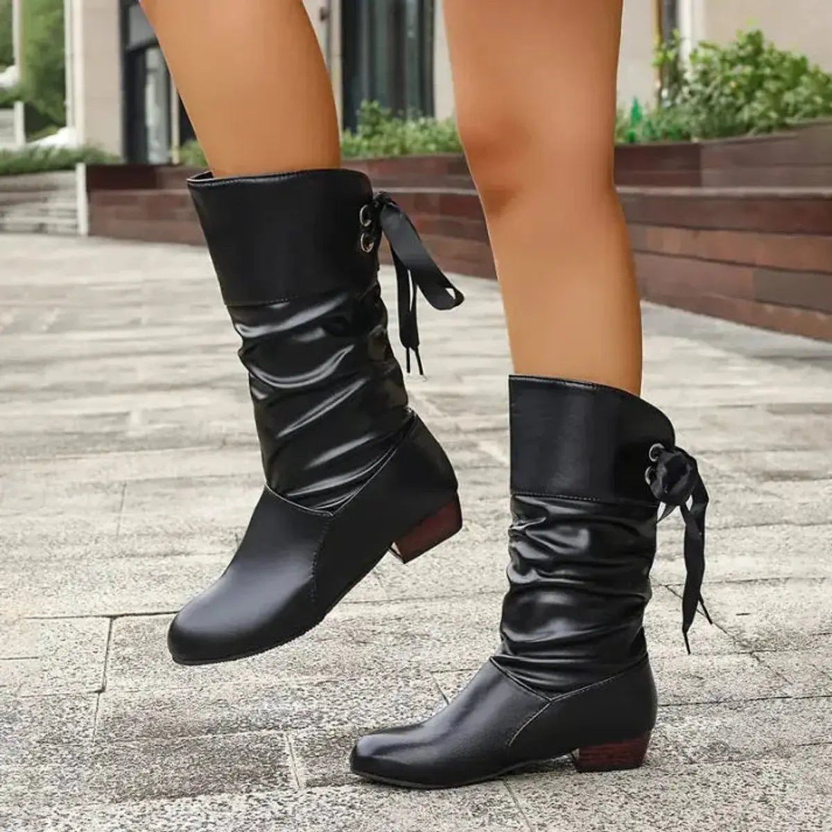 Women's Lace-Up Ruched Faux Leather Mid-Calf Ankle Boots