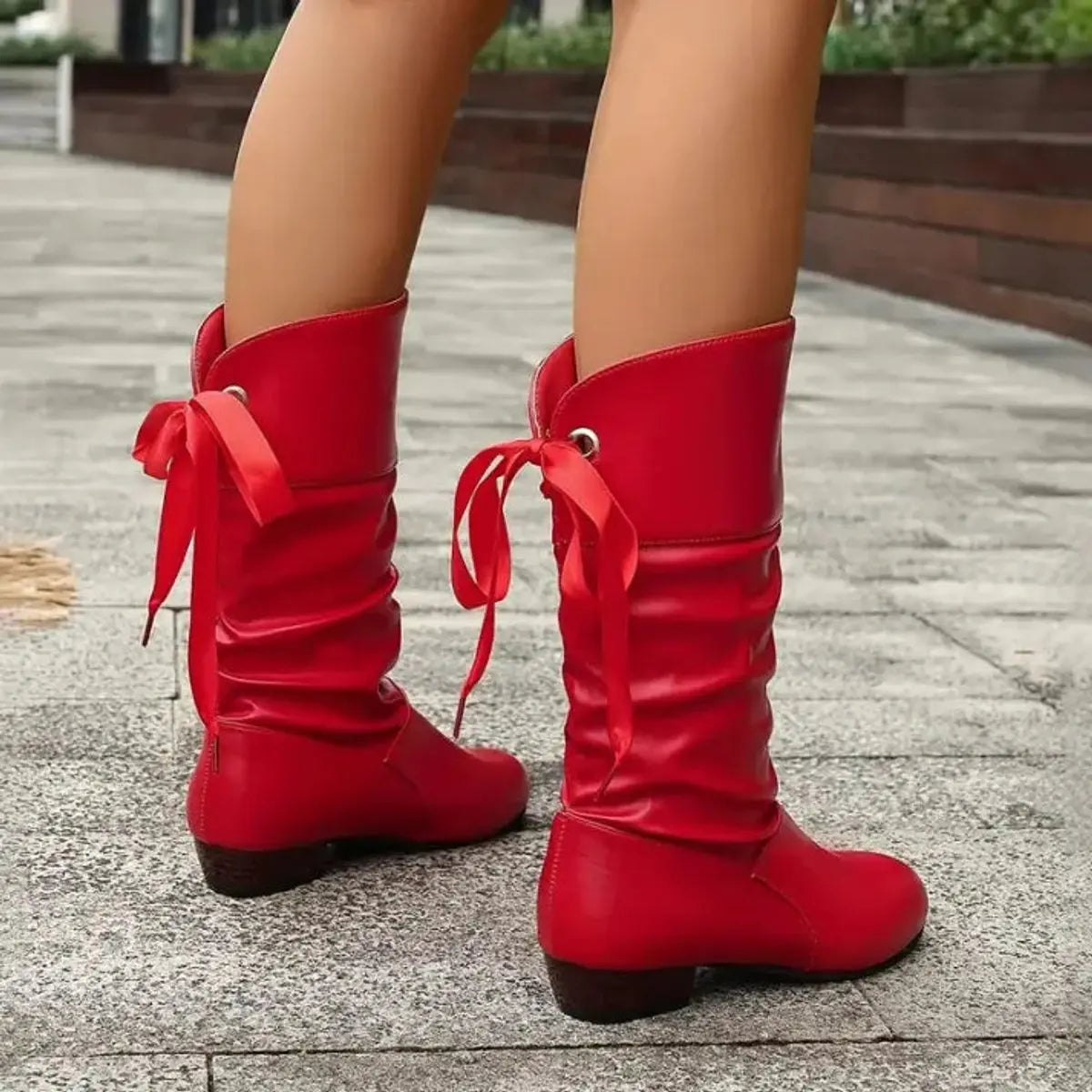 Women's Lace-Up Ruched Faux Leather Mid-Calf Ankle Boots