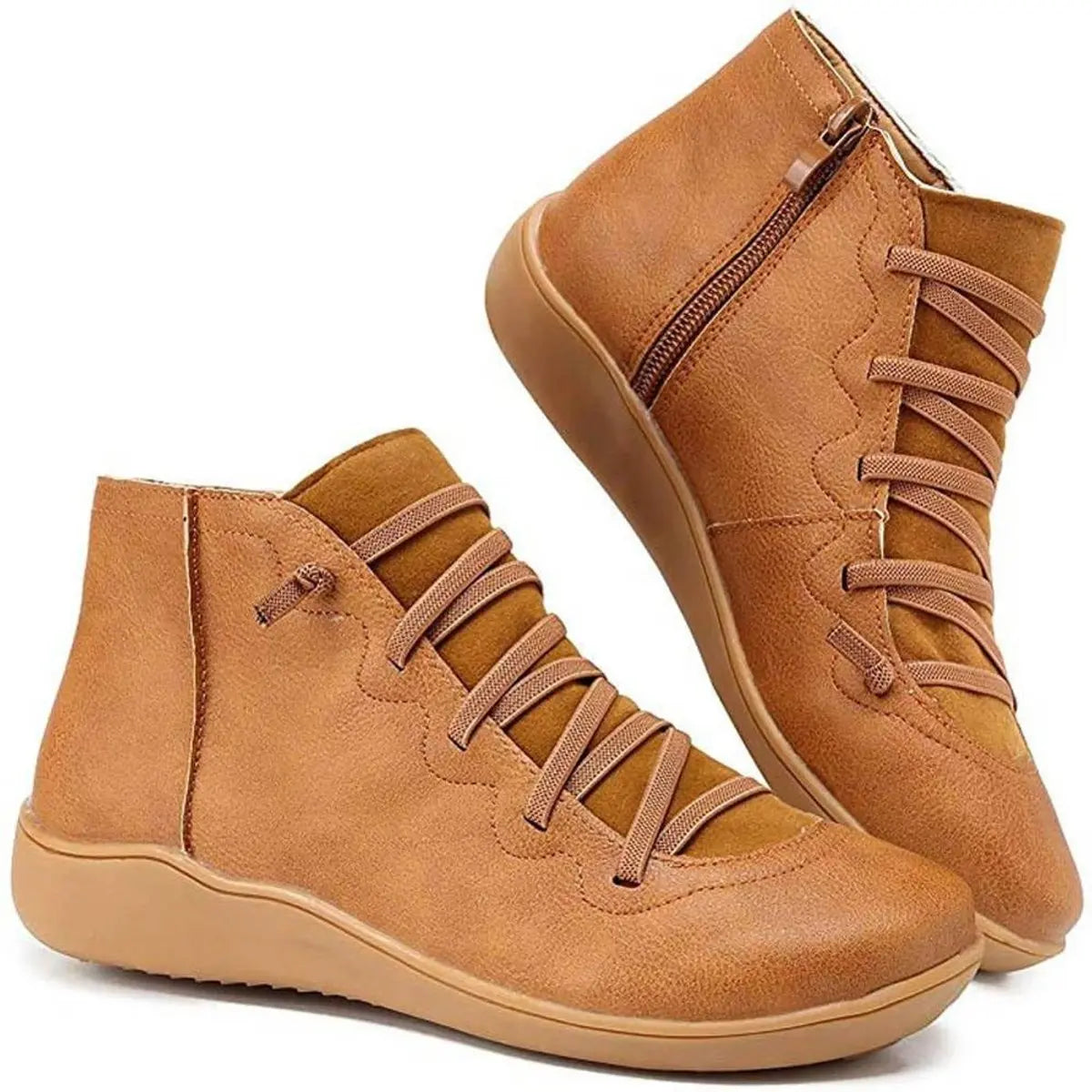 Women's Lace-Up Side-Zip Flat Leather Ankle Boots - Brown