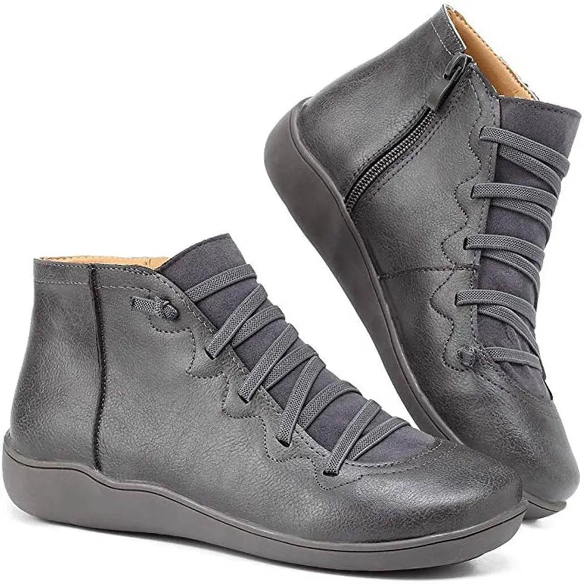 Women's Lace-Up Side-Zip Flat Leather Ankle Boots - Grey