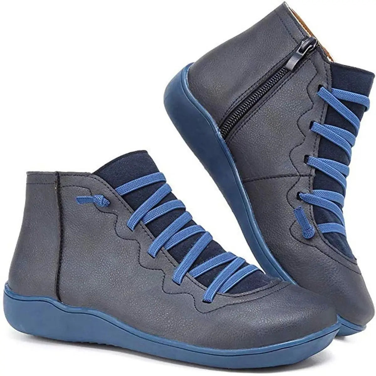 Women's Lace-Up Side-Zip Flat Leather Ankle Boots - Blue