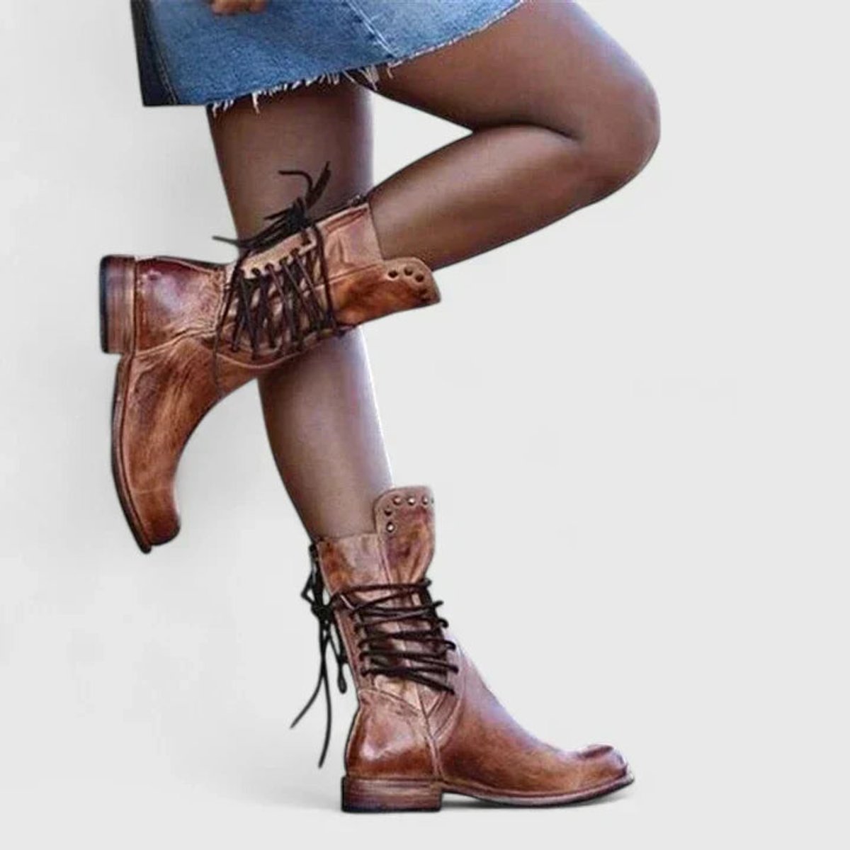 Women's Lace-Up Studded Ankle Knee High Boots Block Heel