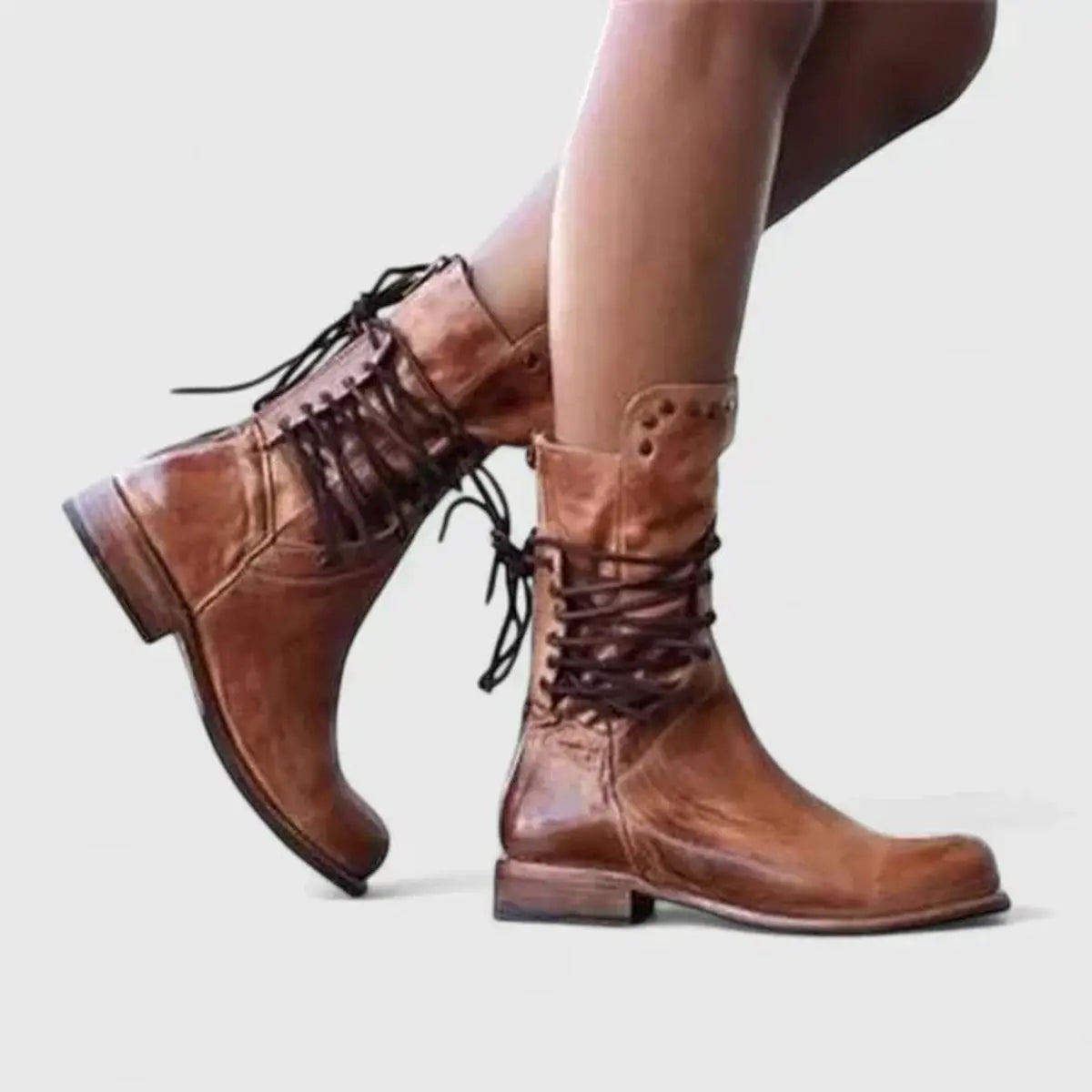 Women's Lace-Up Studded Ankle Knee High Boots Block Heel - Brown