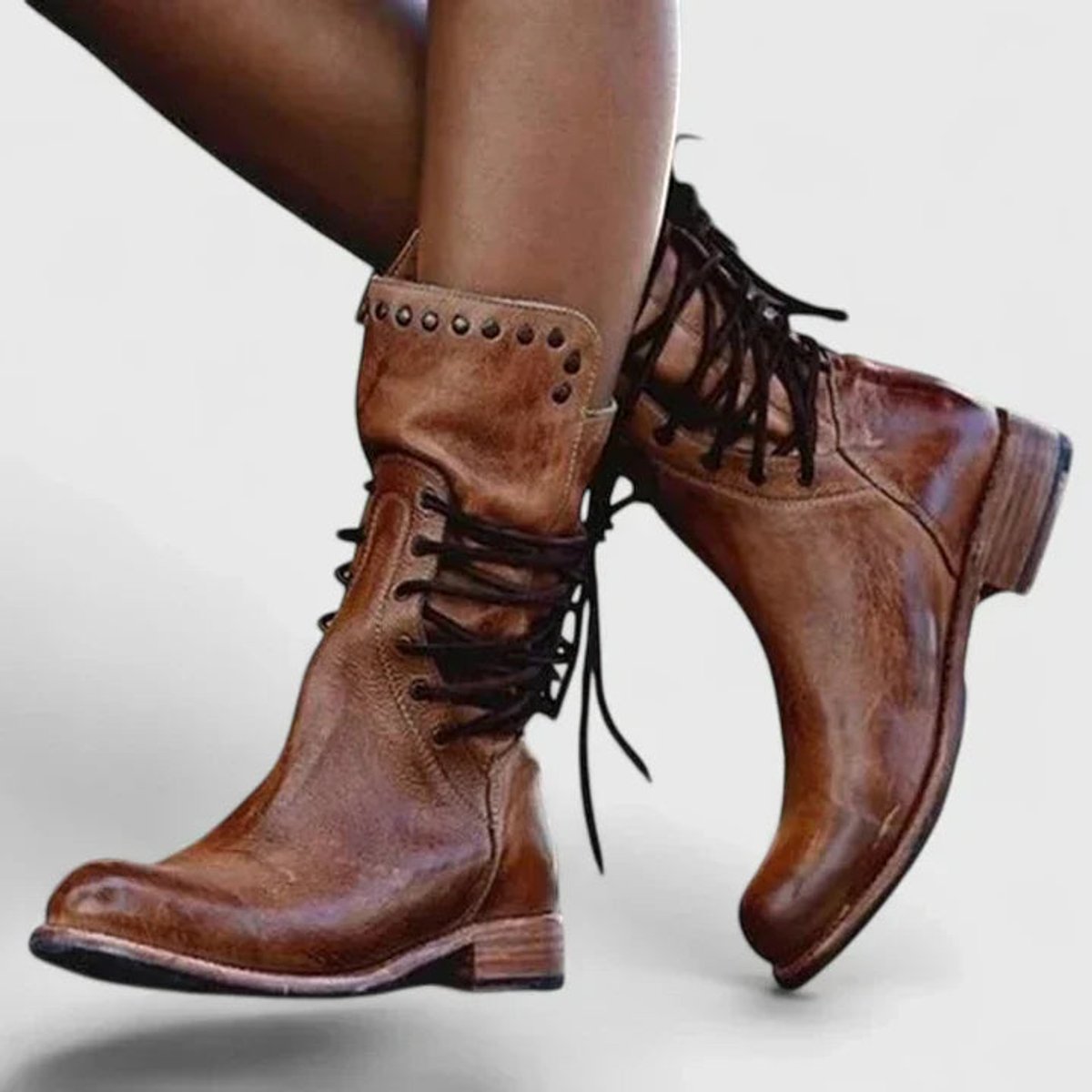 Women's Lace-Up Studded Ankle Knee High Boots Block Heel