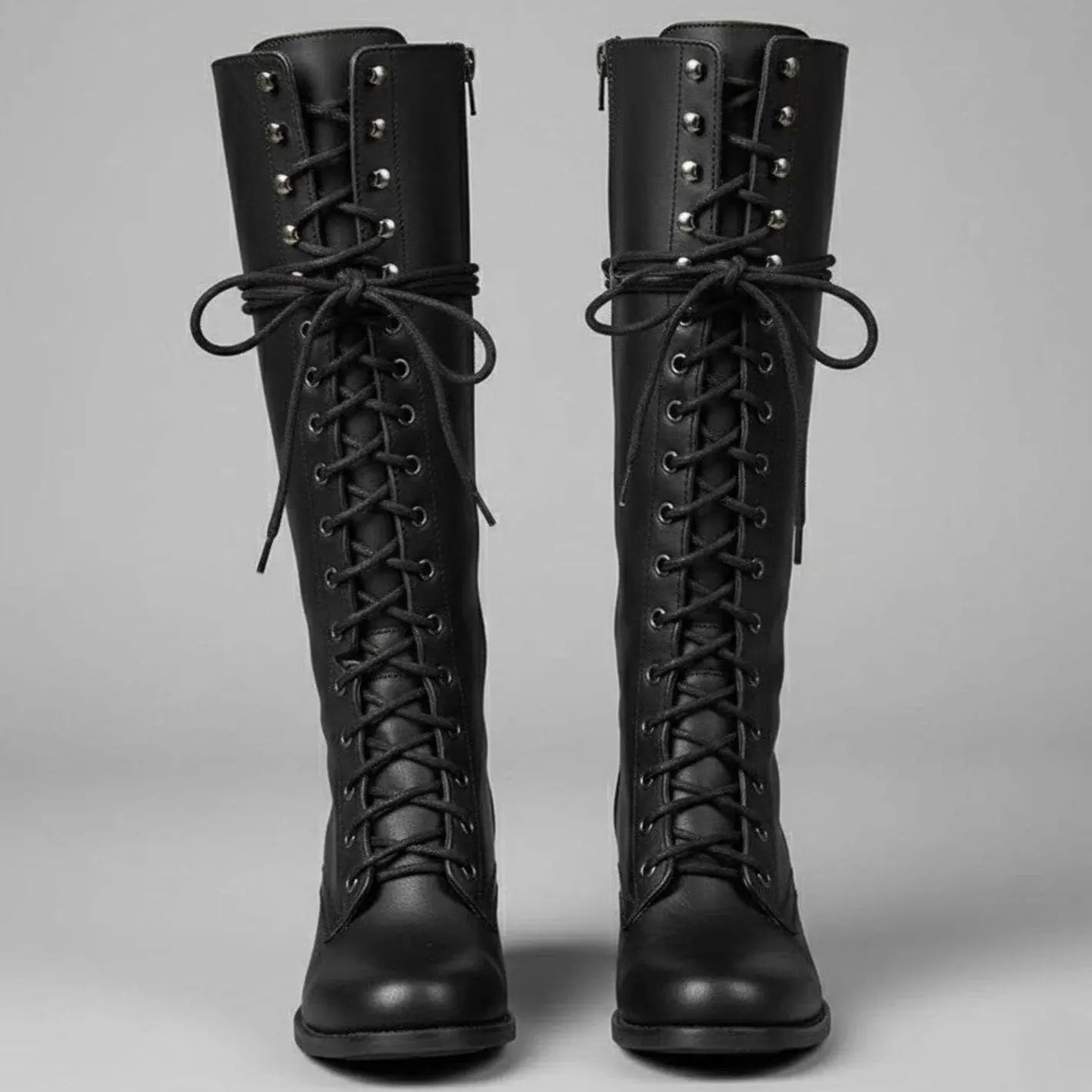 Women's Lace-Up Studded Knee-High Boots Block Heel - Black