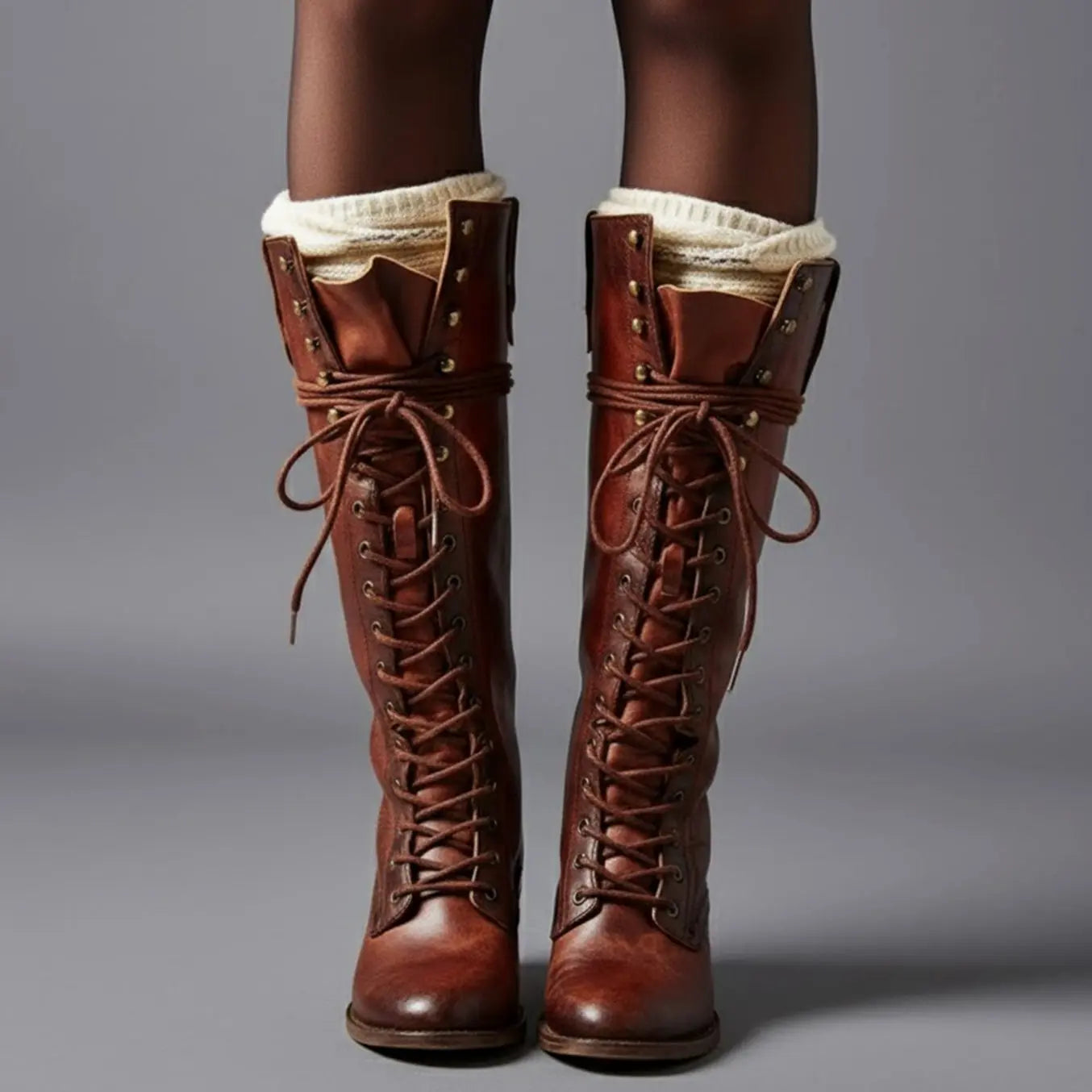 Women's Lace-Up Studded Knee-High Boots Block Heel - Red Brown