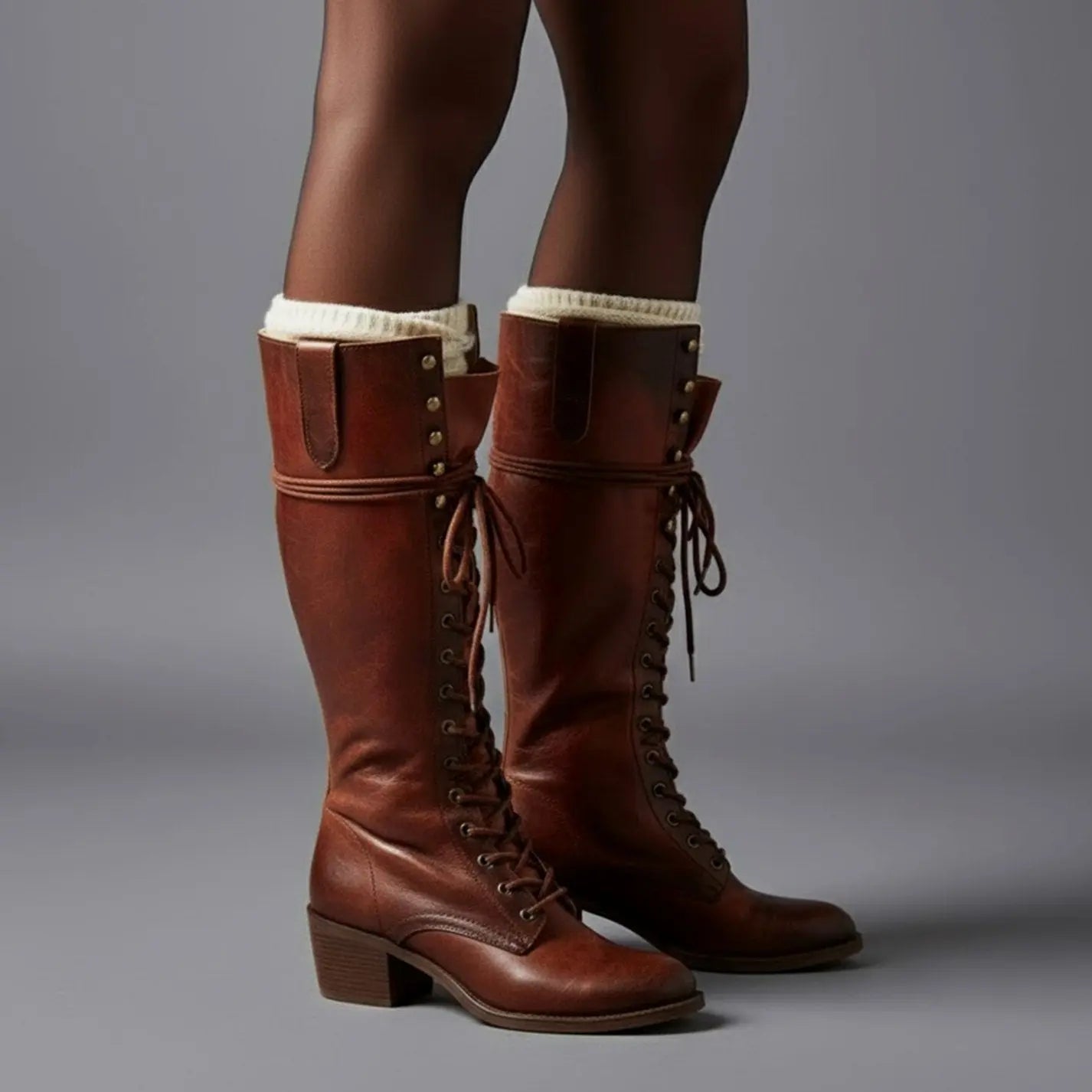Women's Lace-Up Studded Knee-High Boots Block Heel