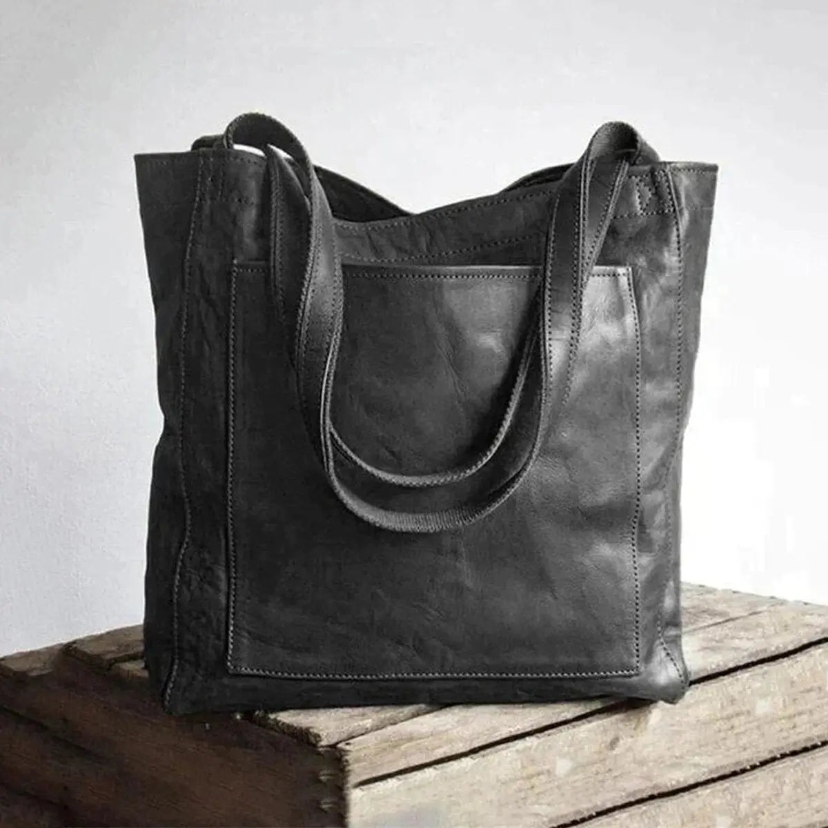 Women's Large Leather Shoulder Tote Bag Tan Classic Everyday - Black