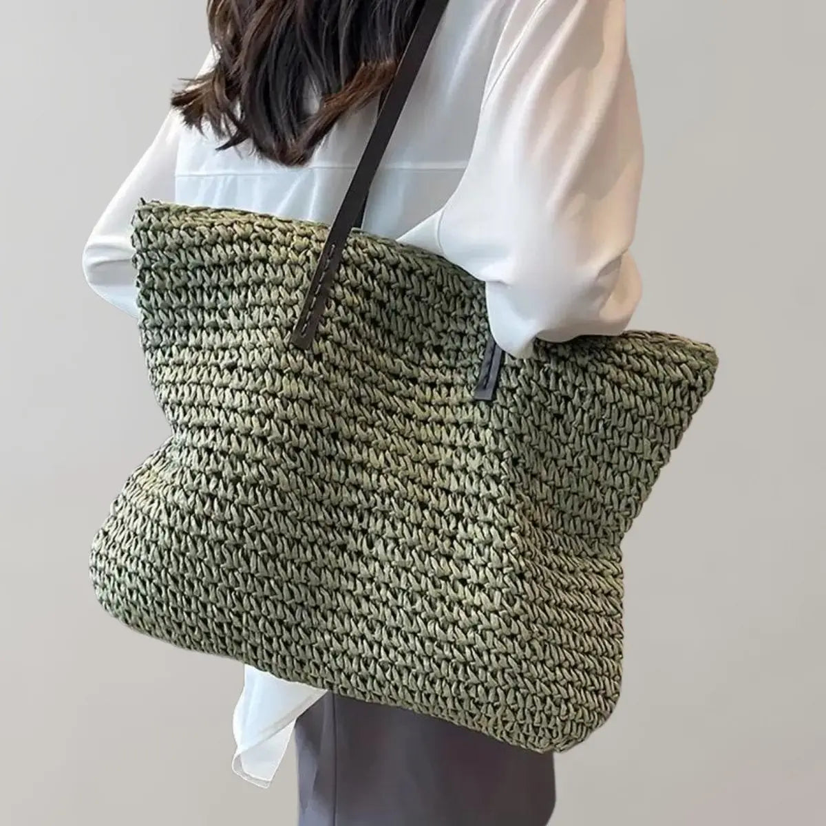 Women's Large Woven Raffia Bohemian Tote Bag - Green