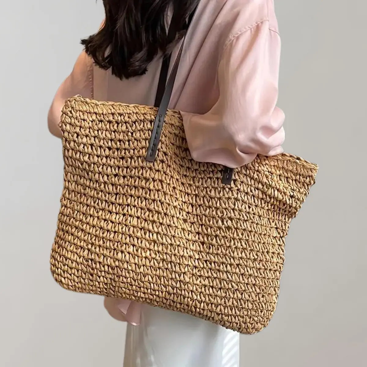 Women's Large Woven Raffia Bohemian Tote Bag - Khaki