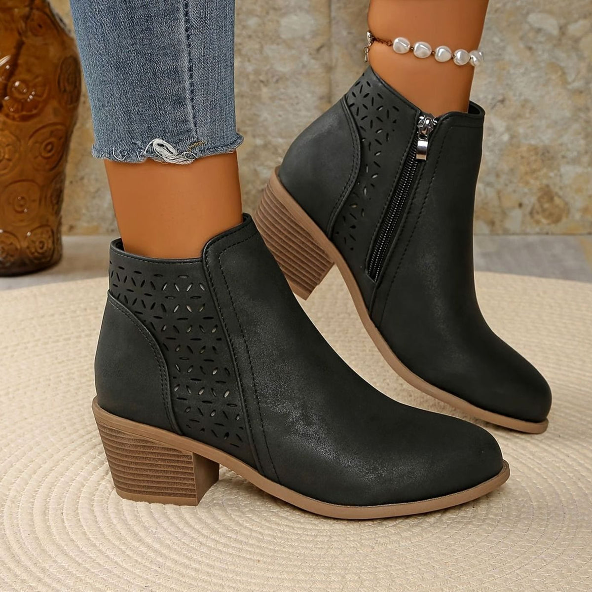 Women's Laser-Cut Block-Heel Zip-Up Ankle Boots