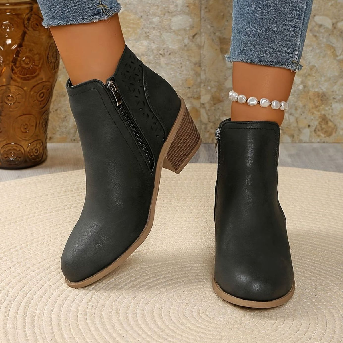 Women's Laser-Cut Block-Heel Zip-Up Ankle Boots