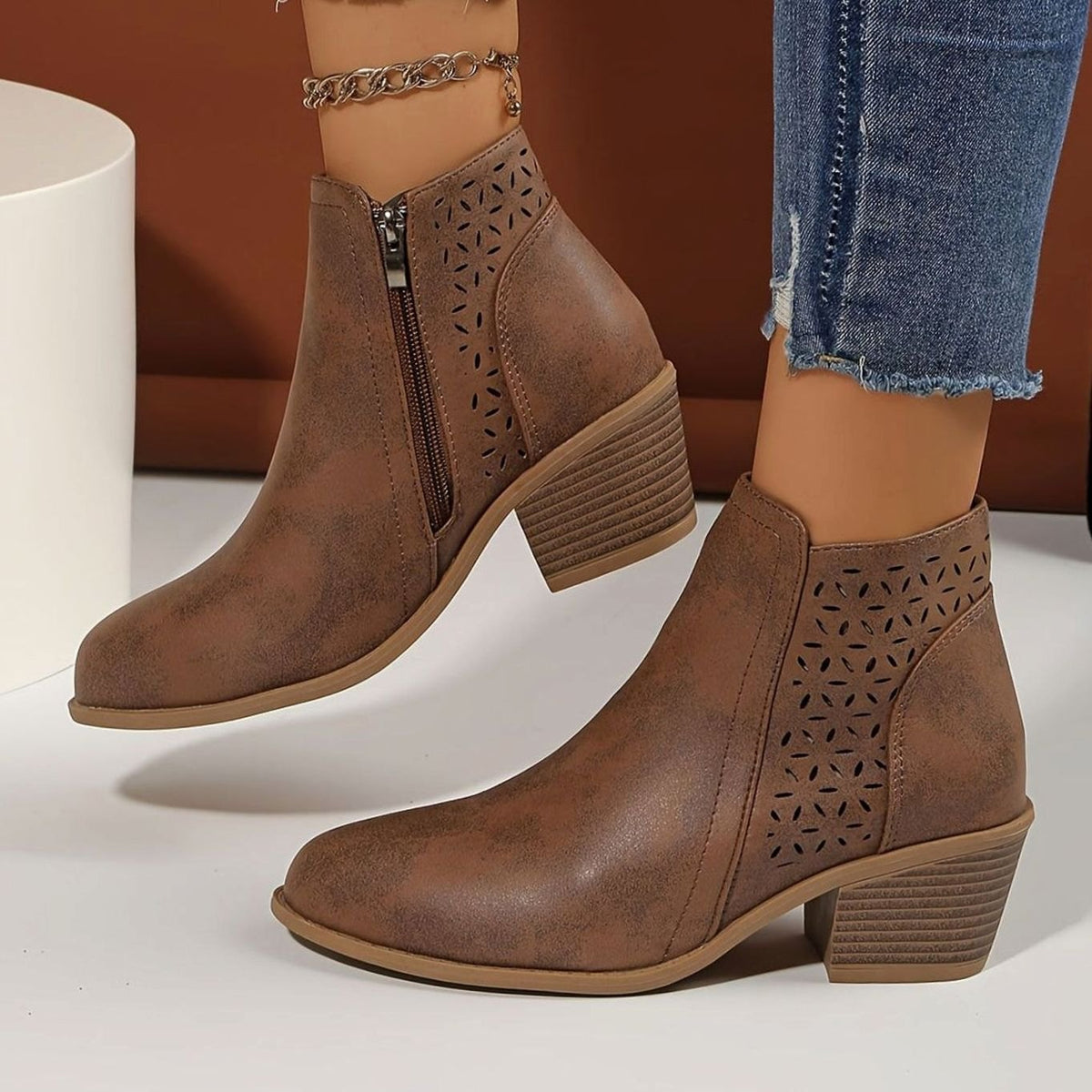 Women's Laser-Cut Block-Heel Zip-Up Ankle Boots - Brown