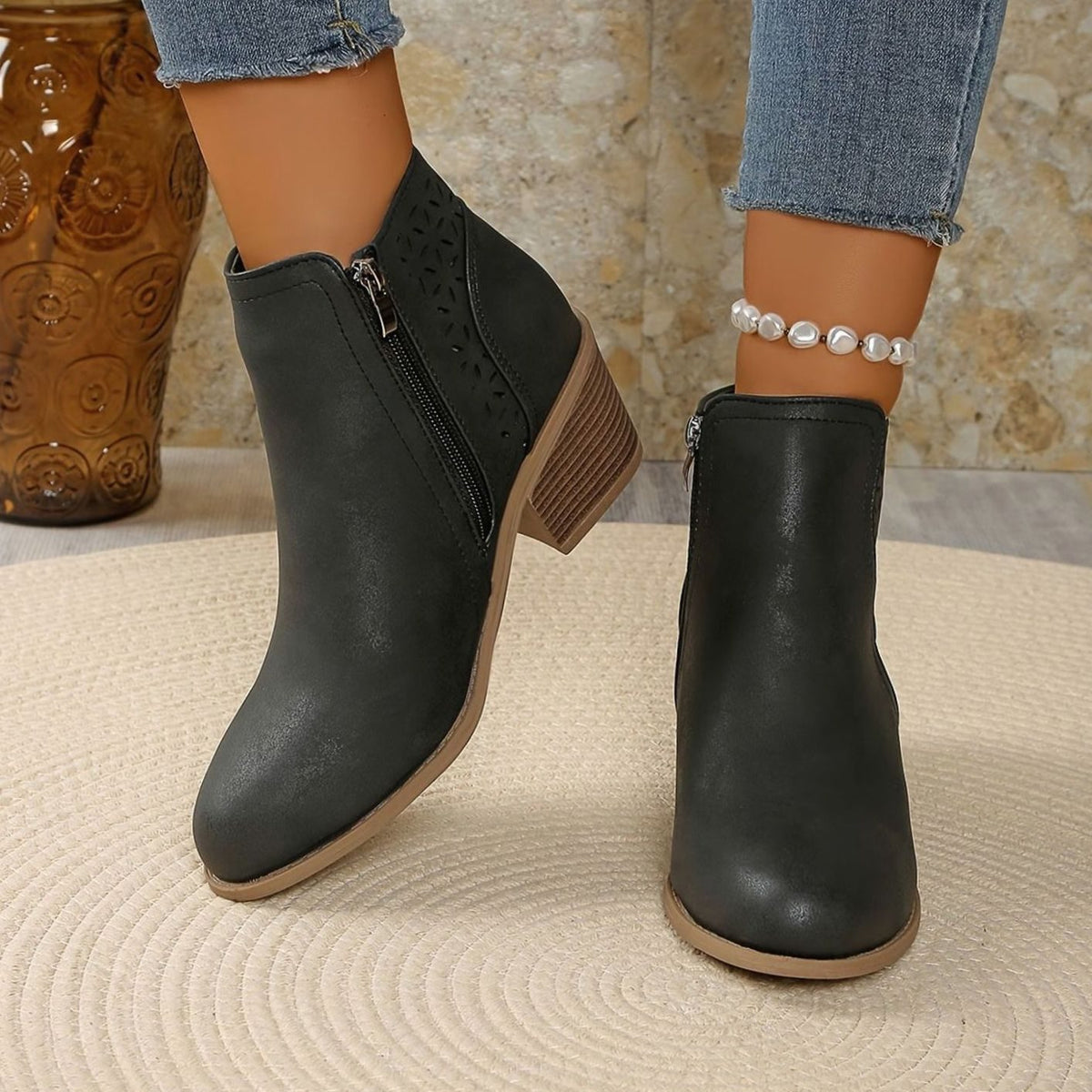 Women's Laser-Cut Block-Heel Zip-Up Ankle Boots