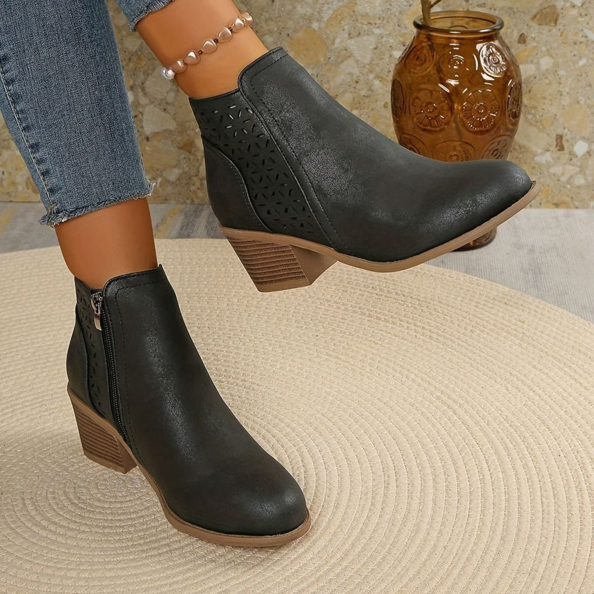 Women's Laser-Cut Block-Heel Zip-Up Ankle Boots