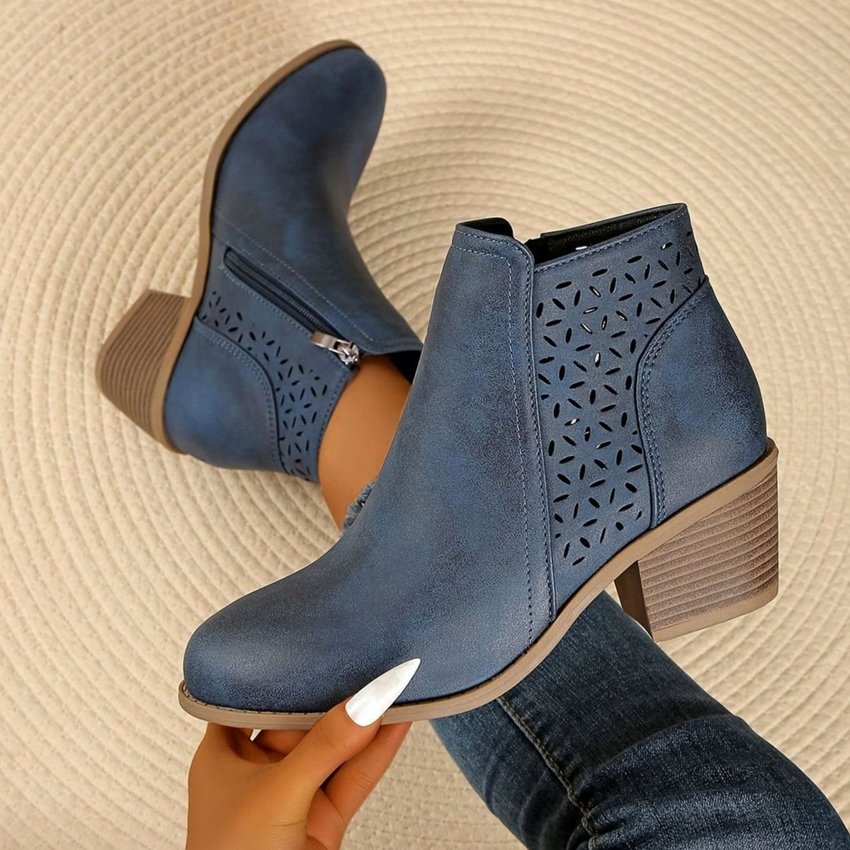 Women's Laser-Cut Block-Heel Zip-Up Ankle Boots - Blue
