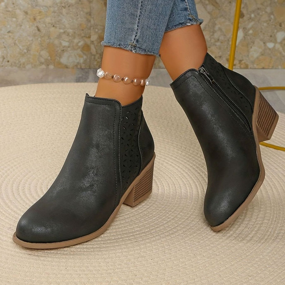 Women's Laser-Cut Block-Heel Zip-Up Ankle Boots