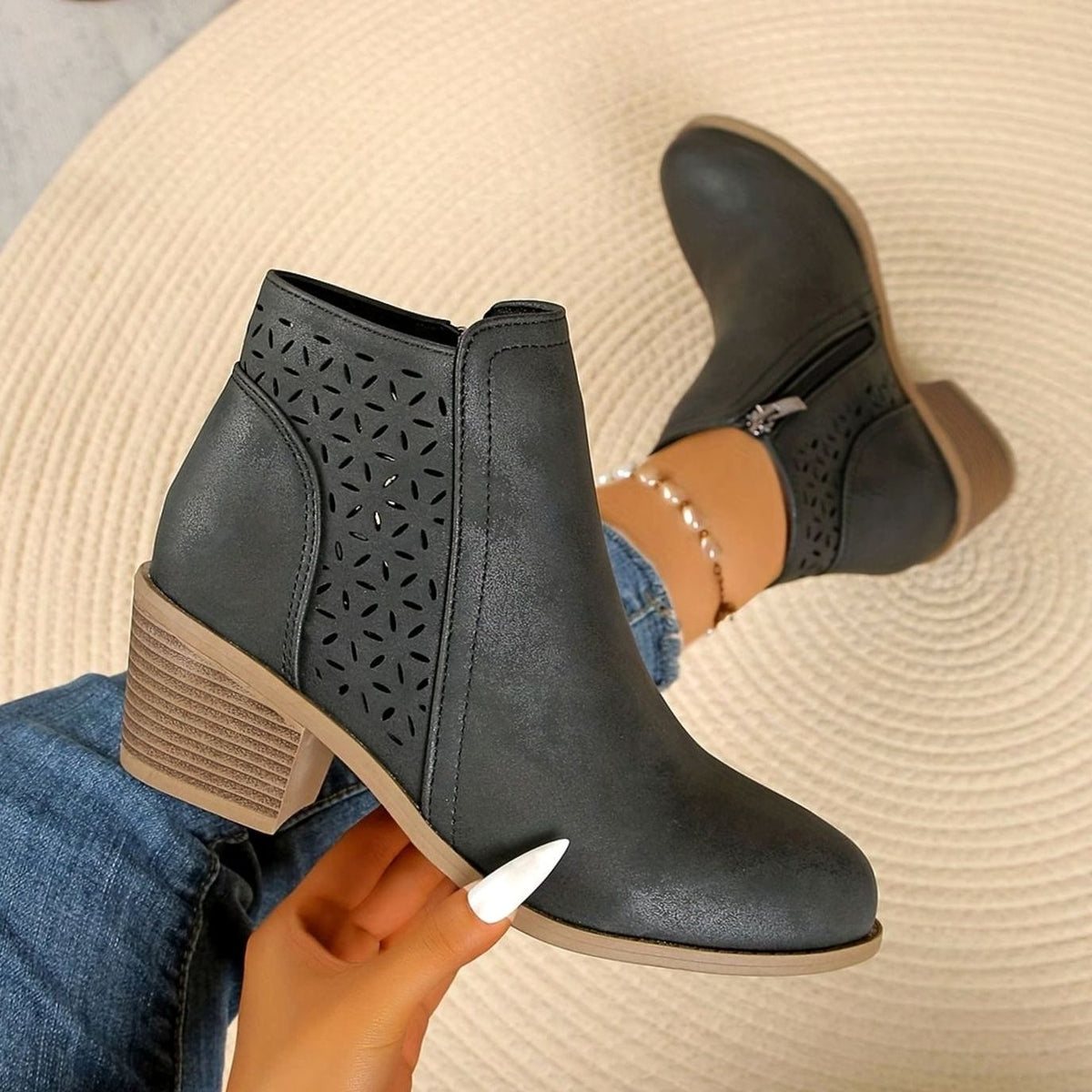 Women's Laser-Cut Block-Heel Zip-Up Ankle Boots - Black