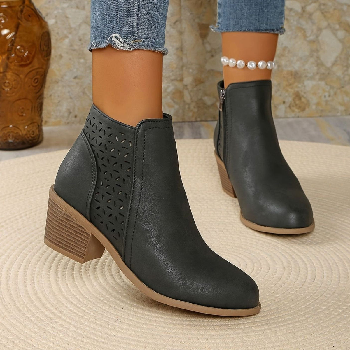 Women's Laser-Cut Block-Heel Zip-Up Ankle Boots