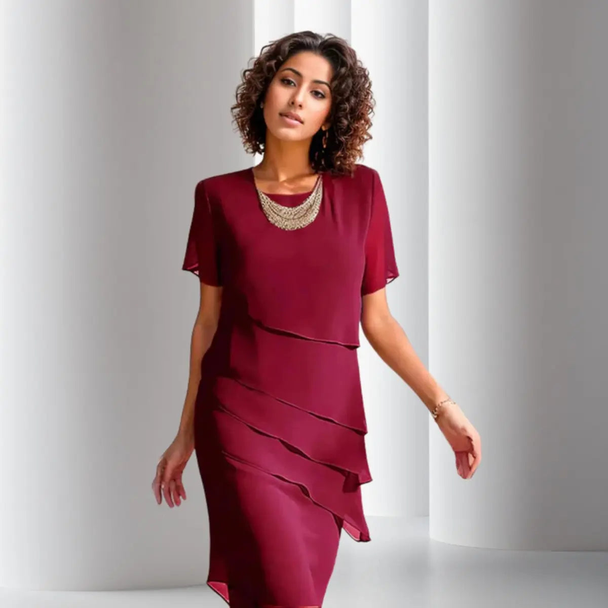 Women's Layered Chiffon Cocktail Party Dress Short Sleeve Tiered Midi - Red
