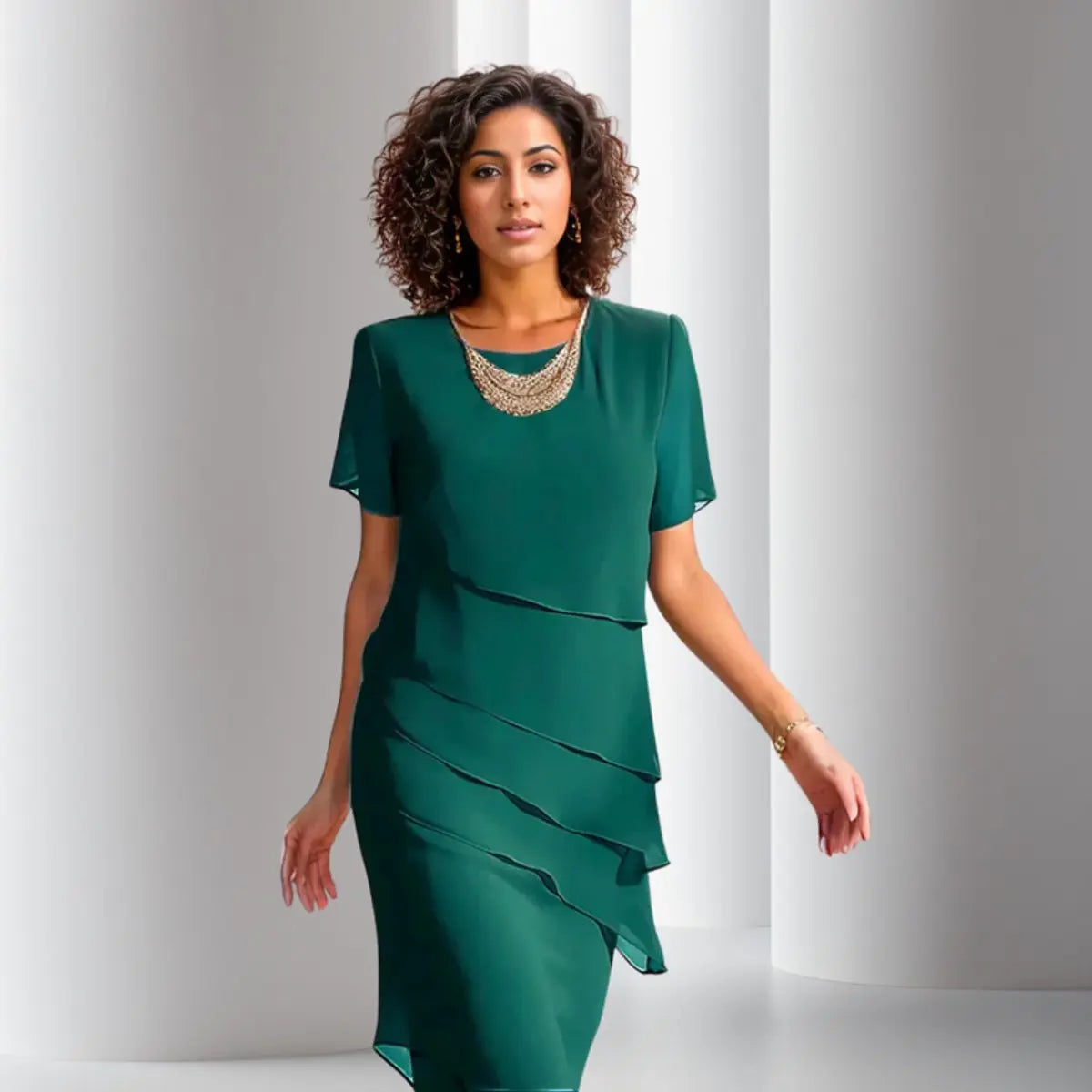 Women's Layered Chiffon Cocktail Party Dress Short Sleeve Tiered Midi - Green