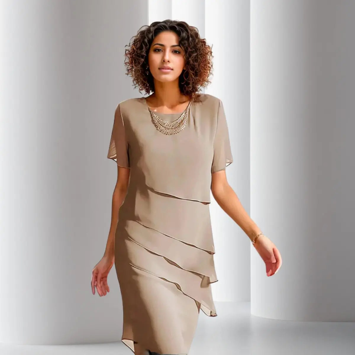Women's Layered Chiffon Cocktail Party Dress Short Sleeve Tiered Midi - Khaki