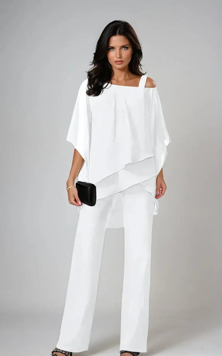 Women's Layered Chiffon Cold-Shoulder Wide-Leg Trouser Set - White