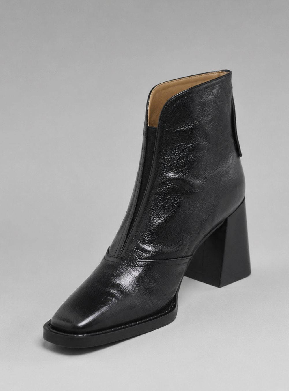 Women's Leather Ankle Boots Block Heel Square Toe - Black