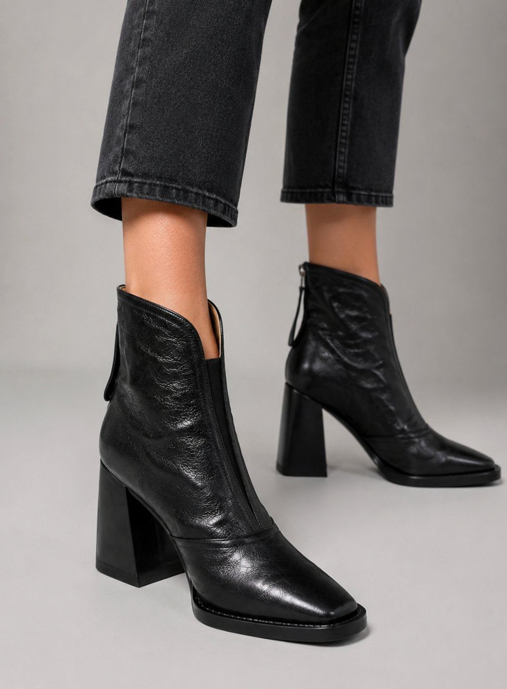 Women's Leather Ankle Boots Block Heel Square Toe