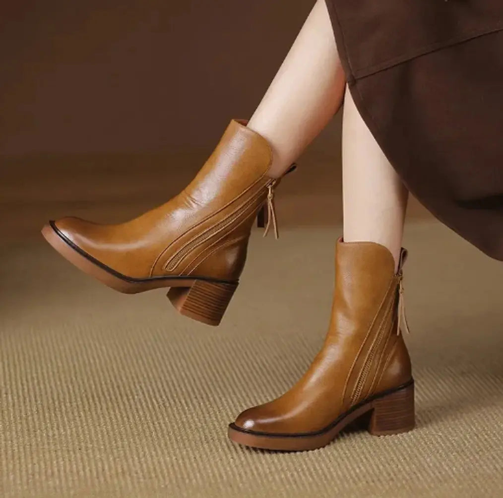 Women's Leather Block-Heel Side-Zip Ankle Boots - Brown