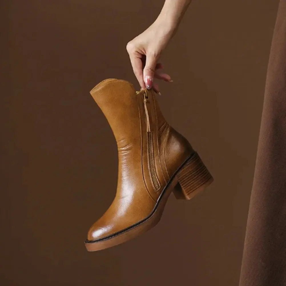 Women's Leather Block-Heel Side-Zip Ankle Boots
