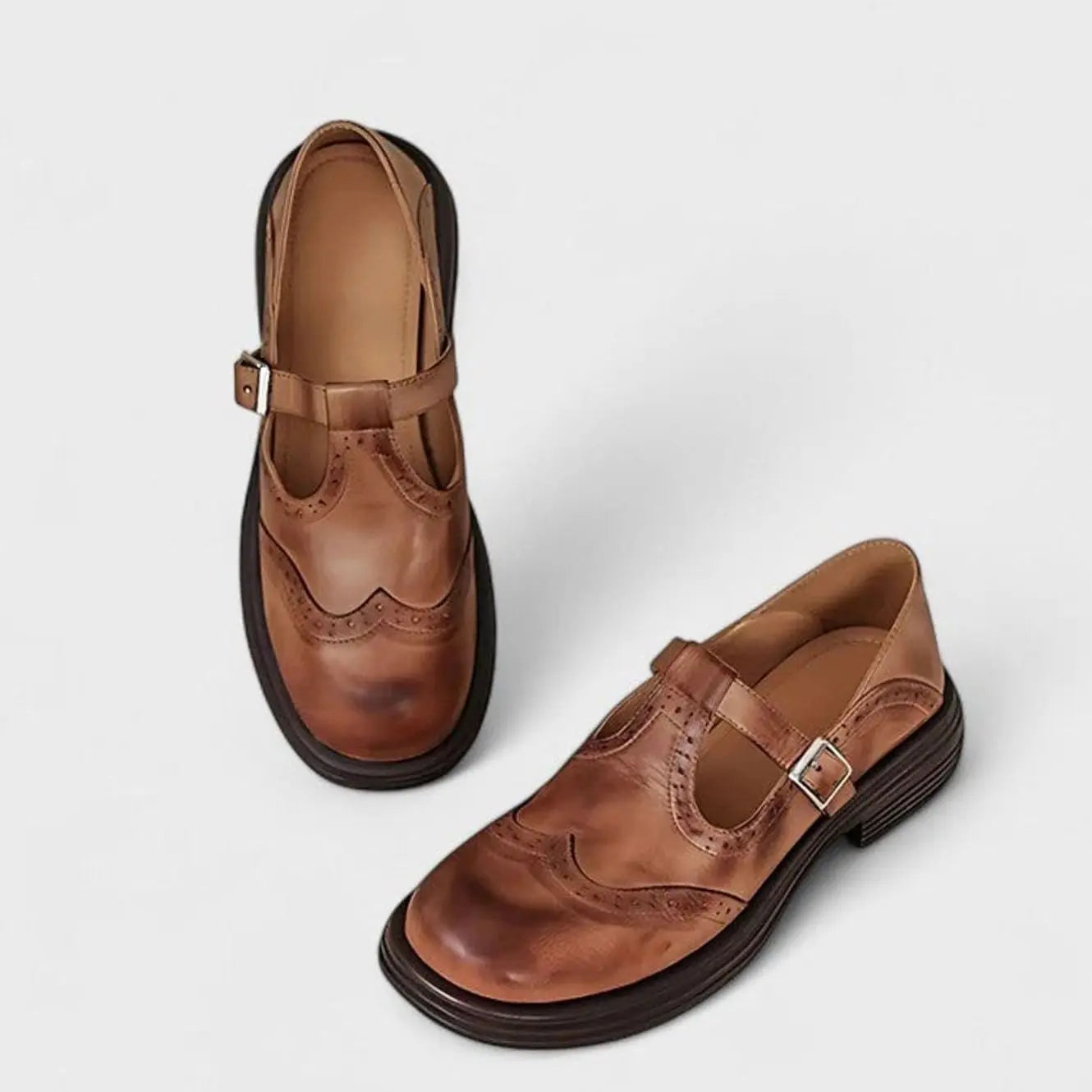 Women's Leather Brogue T-Strap Shoes Buckle Closure