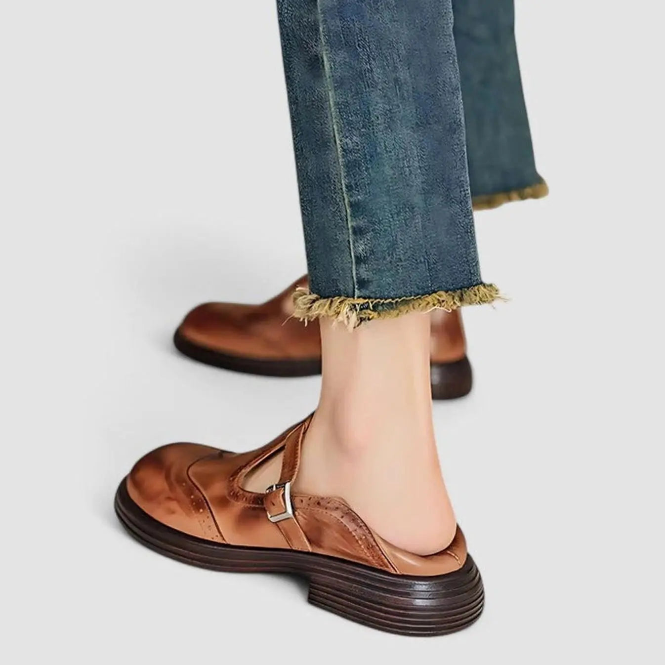 Women's Leather Brogue T-Strap Shoes Buckle Closure