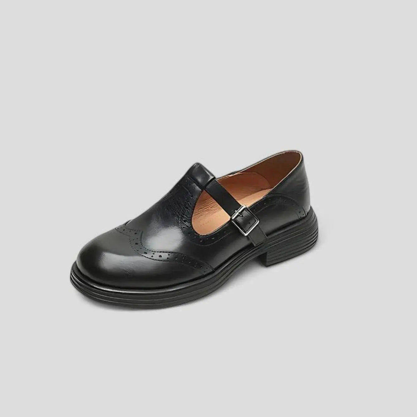 Women's Leather Brogue T-Strap Shoes Buckle Closure