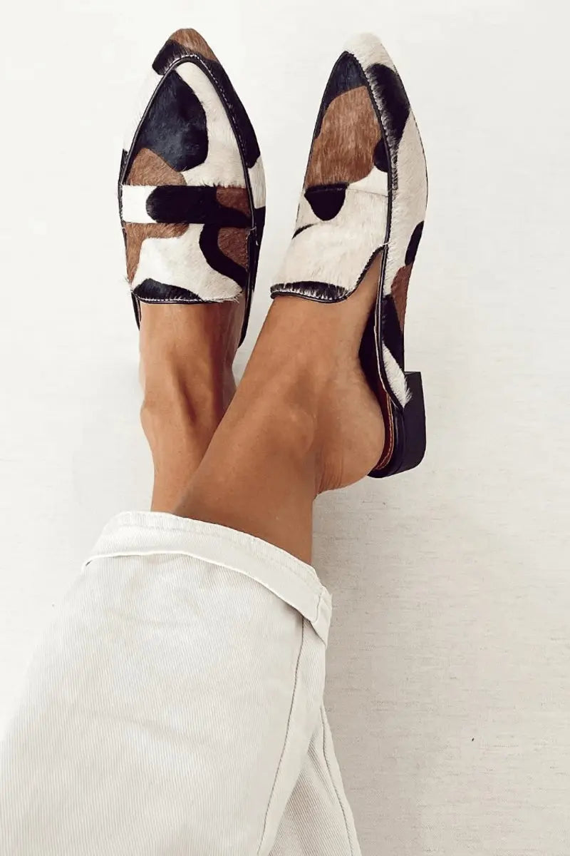 Women's Leather Loafers Abstract Cow Print Pattern - Black And white