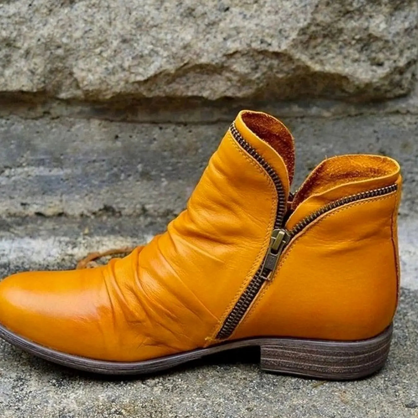 Women's Leather Side-Zip Ruched Ankle Boots - Yellow