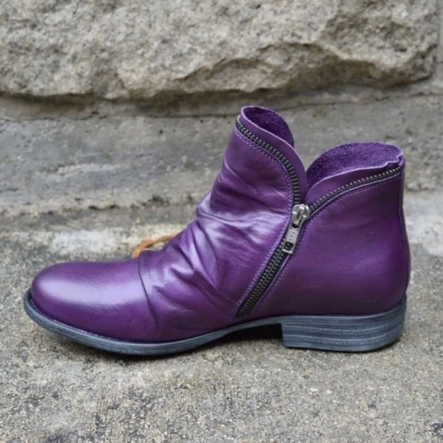 Women's Leather Side-Zip Ruched Ankle Boots - Purple