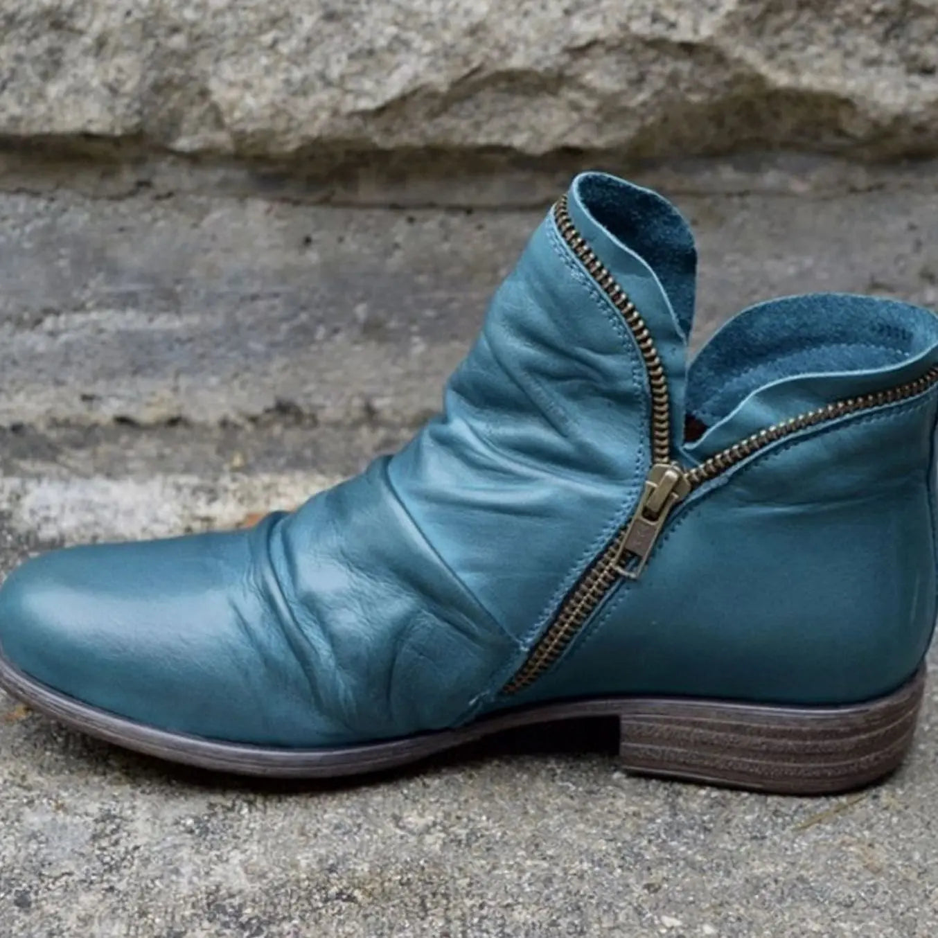 Women's Leather Side-Zip Ruched Ankle Boots - Blue