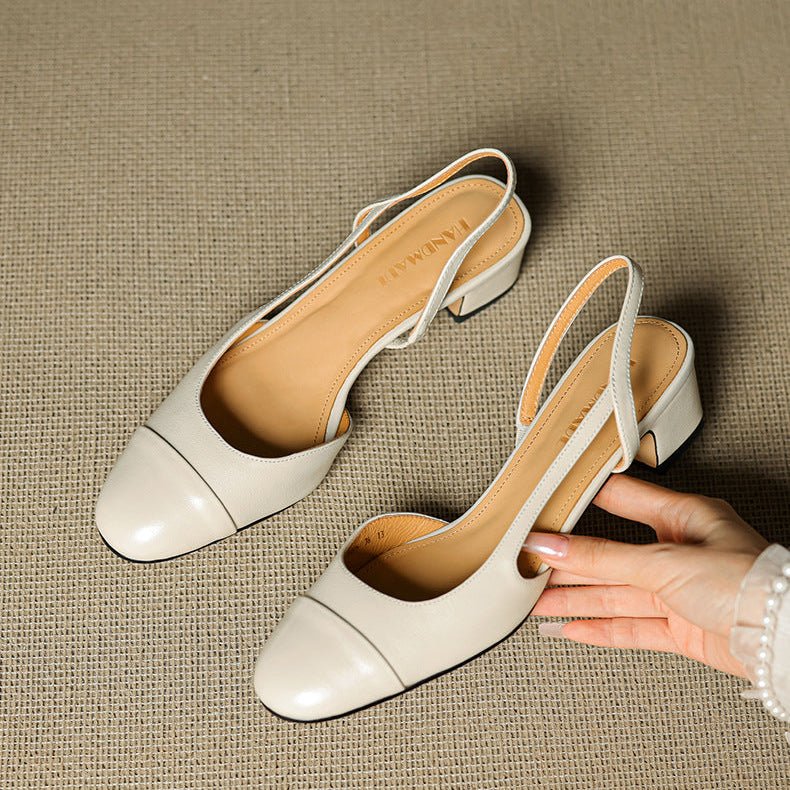 Women's Leather Slingback Pumps Almond Toe Block Heel
