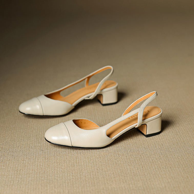 Women's Leather Slingback Pumps Almond Toe Block Heel