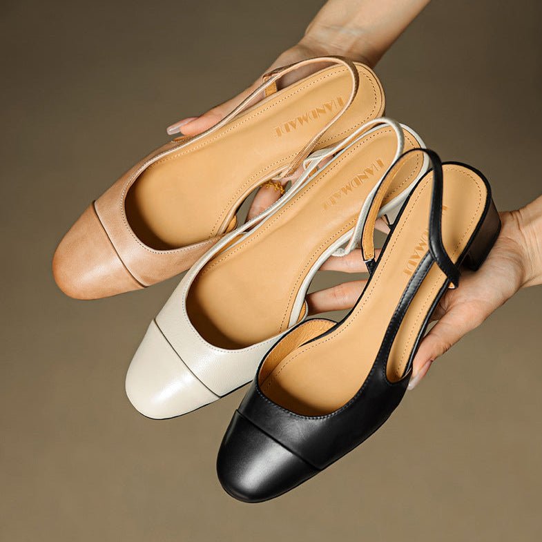 Women's Leather Slingback Pumps Almond Toe Block Heel