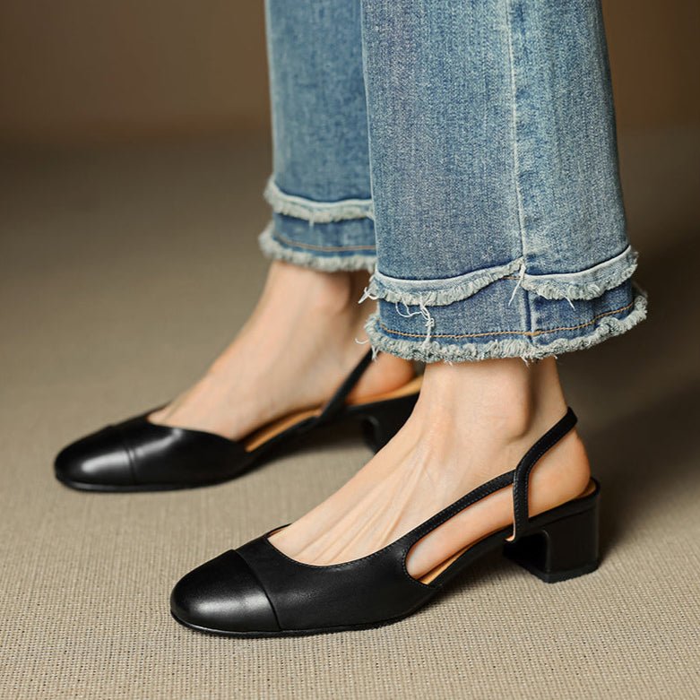 Women's Leather Slingback Pumps Almond Toe Block Heel