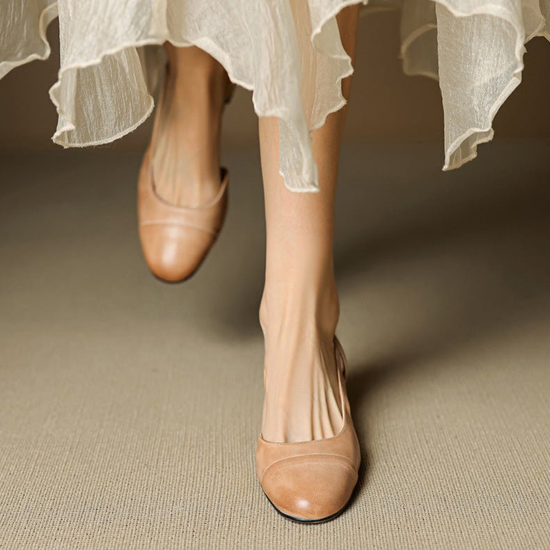 Women's Leather Slingback Pumps Almond Toe Block Heel