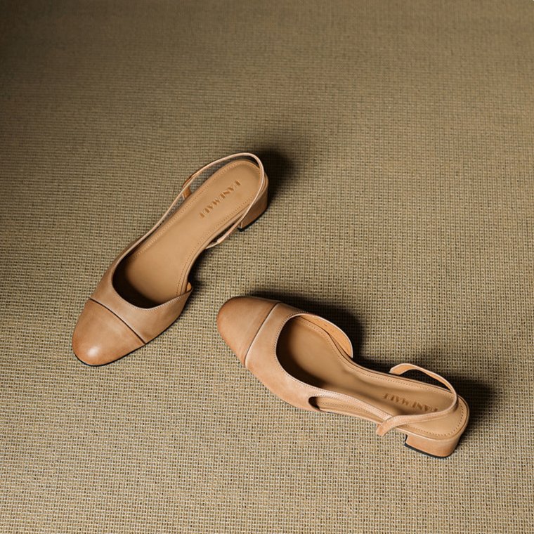 Women's Leather Slingback Pumps Almond Toe Block Heel