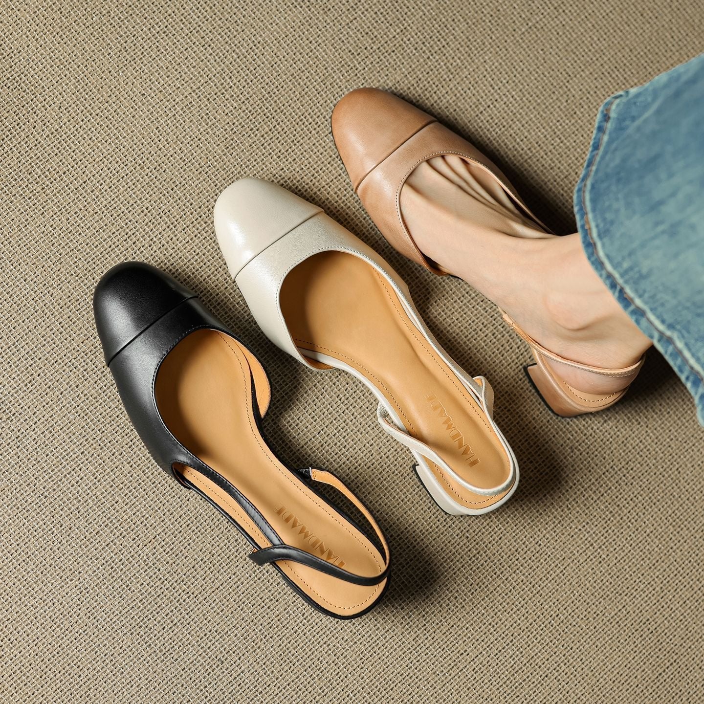 Women's Leather Slingback Pumps Almond Toe Block Heel