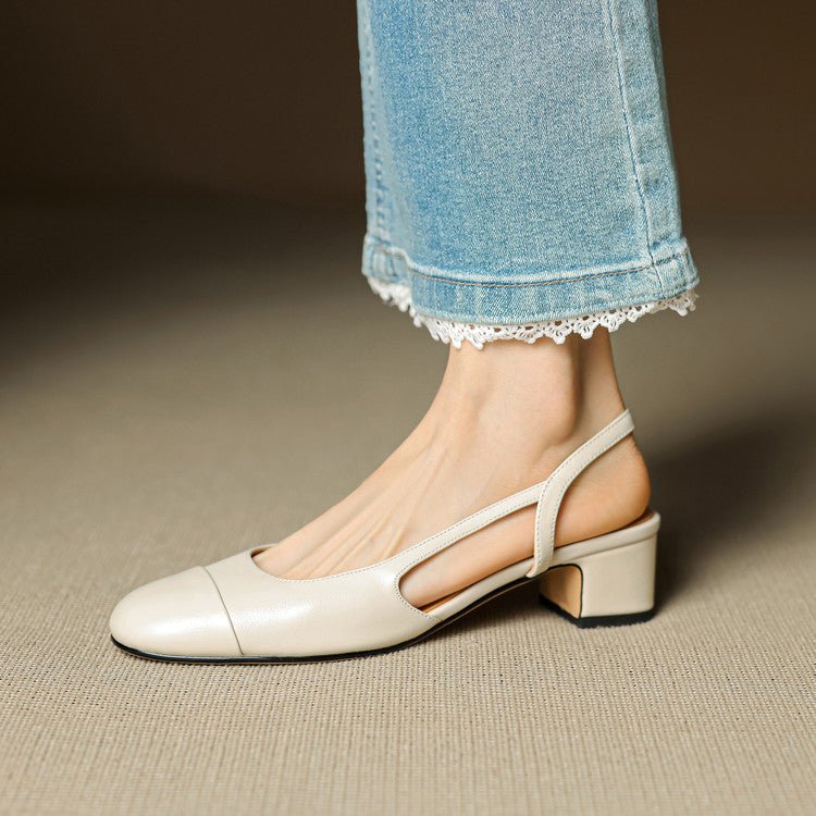 Women's Leather Slingback Pumps Almond Toe Block Heel - Beige