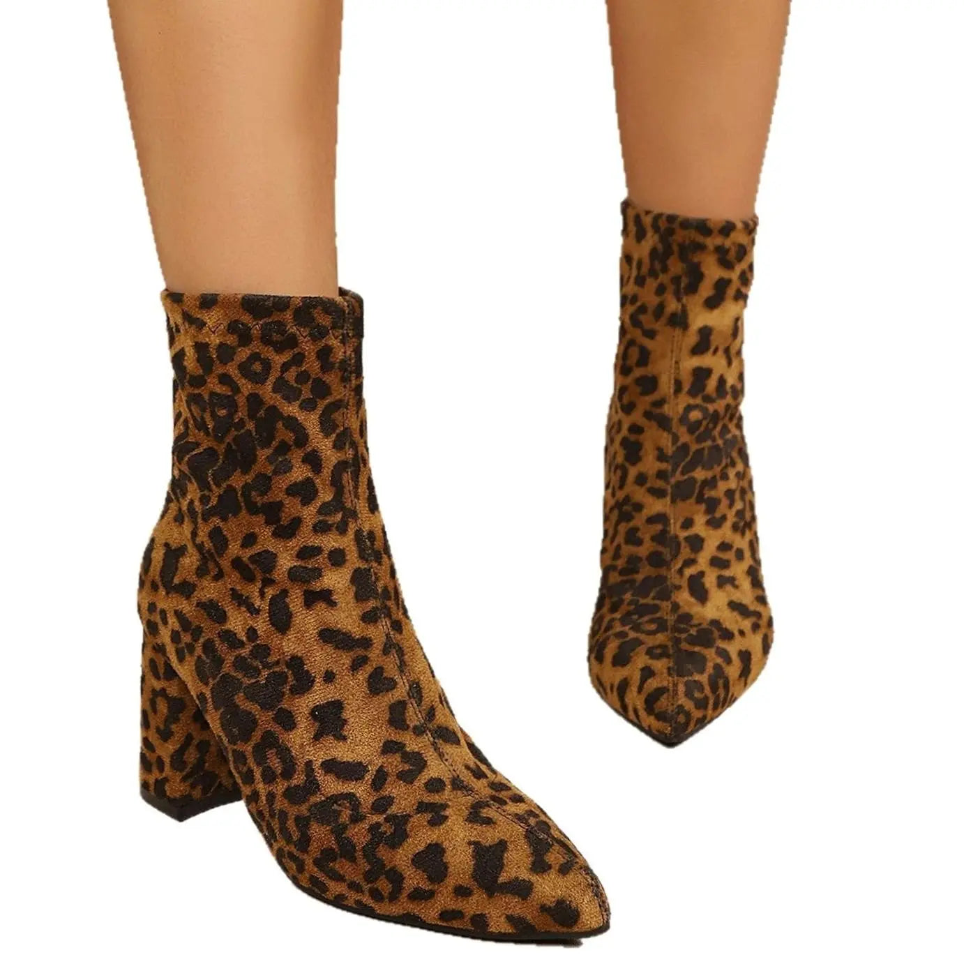 Women's Leopard Print Block Heel Pointed Toe Ankle Boots