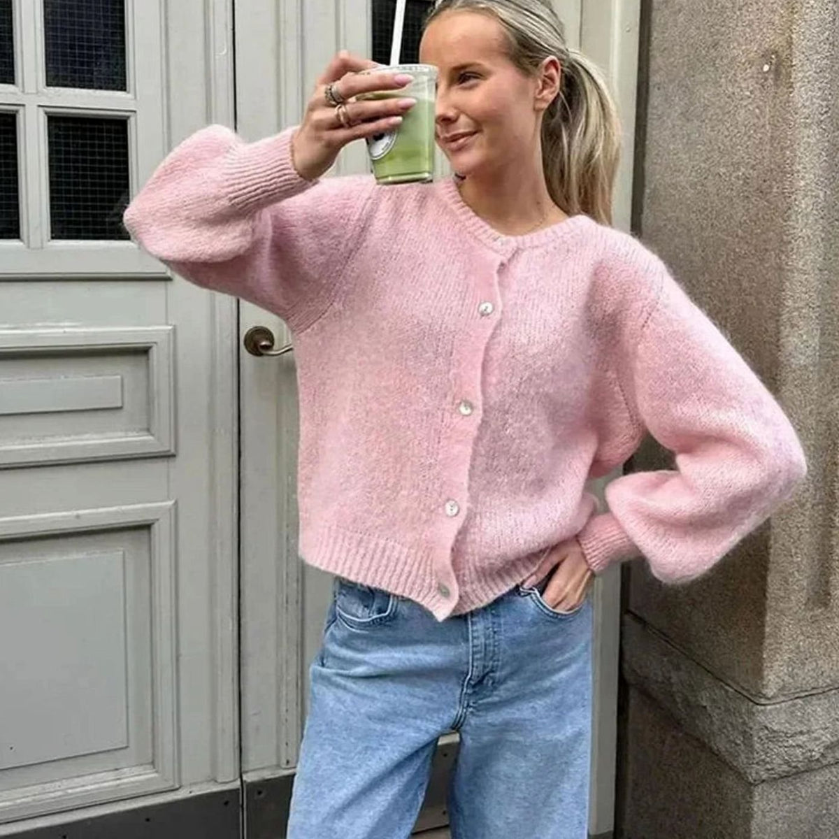 Women's Leopard Print Button-Up Long Sleeve Cardigan - Pink