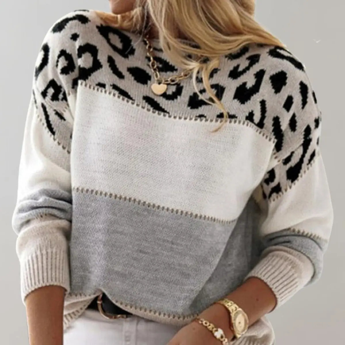 Women's Leopard Print Colour Block Knit Sweater